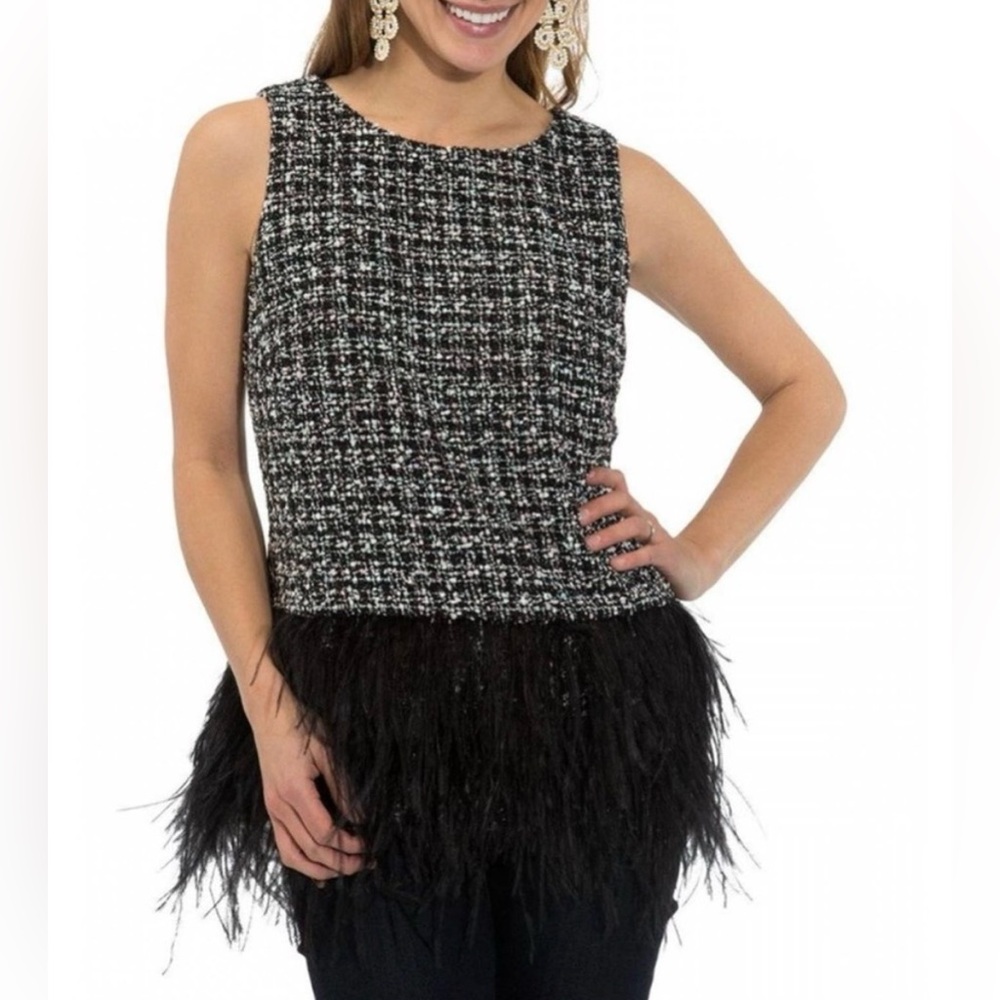Sail to Sable Black and White Tweed Feather Hem Blouse